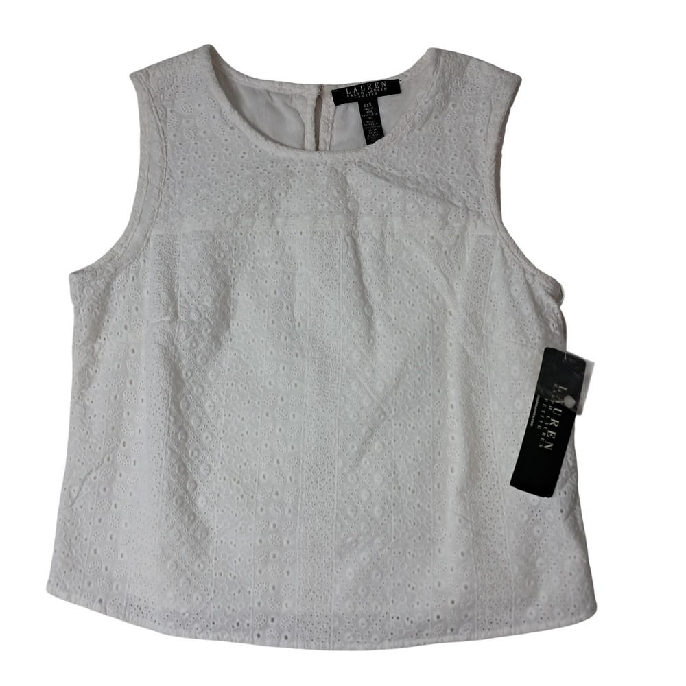 NWT Lauren Ralph Lauren Tank Top Womens XS Petite White Eyelet Sleeveless Preppy